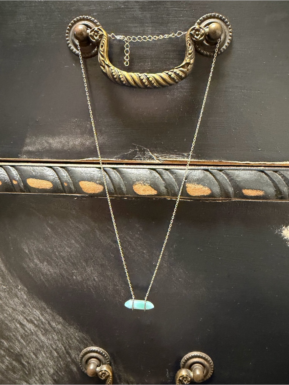 925 Sterling Silver Genuine Larimar Double Point Pendant Necklace